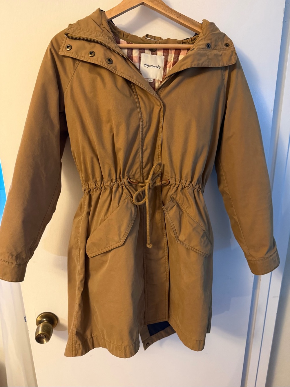 Madewell Tan Jacket with Removable Red and White Plaid Lining and Hood - Picture 4 of 11